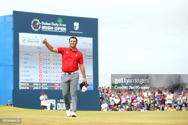 Jon Rahm of Spain acknowledges the crowd on the 18th hole during the final round of the Dubai Duty Free Irish Open at Ballyliffin Golf Club on July...