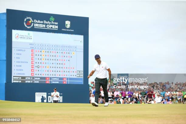 Jorge Campillo of Spain celebrates a birdie on the 18th green during the final round of the Dubai Duty Free Irish Open at Ballyliffin Golf Club on...