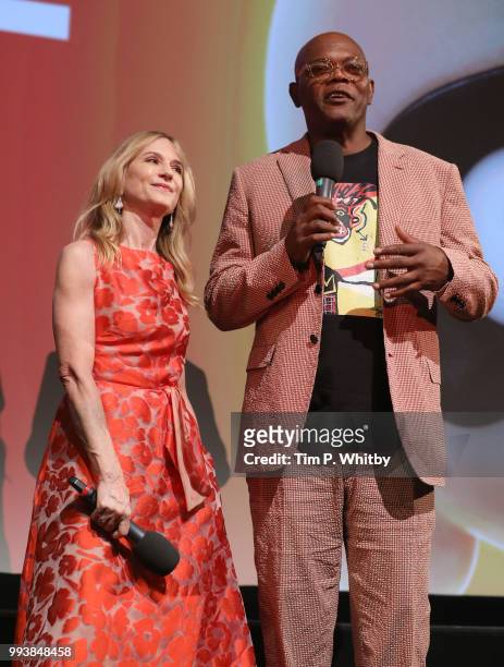 Holly Hunter and Samuel L Jackson speak on stage ahead of the screening for UK Premiere of Disney-Pixar's "Incredibles 2" at BFI Southbank on July 8,...