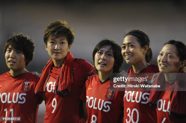 Players of Urawa Red Diamonds celebrate the win after the Nadeshiko League Cup Group A match between Urawa Red Diamonds and NTV Beleza at Urawa...