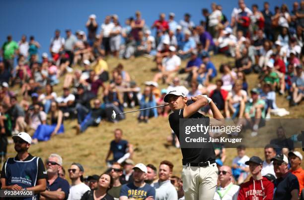 Joakim Lagergren of Sweden tees off on the 8th hole during the final round of the Dubai Duty Free Irish Open at Ballyliffin Golf Club on July 8, 2018...