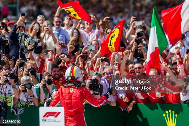 Sebastian Vettel of Ferrari and Germany wins the Formula One Grand Prix of Great Britain at Silverstone on July 8, 2018 in Northampton, England.