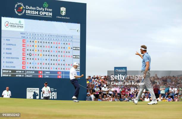 Russell Knox of Scotland celebrates holing a birdie putt on the 18th green during the final round of the Dubai Duty Free Irish Open at Ballyliffin...