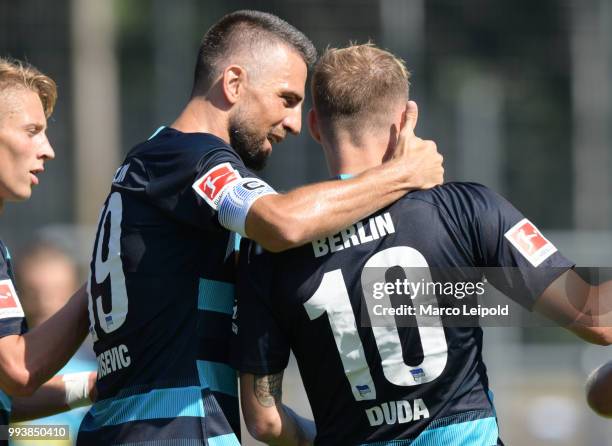 Vedad Ibisevic and Ondrej Duda of Hertha BSC celebrate during the game between Hertha BSC against MSV Duisburg at the Mondpalast-Arena on july 8,...