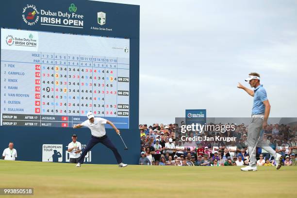 Russell Knox of Scotland celebrates holing a birdie putt on the 18th green during the final round of the Dubai Duty Free Irish Open at Ballyliffin...