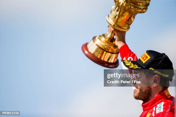 Sebastian Vettel of Ferrari and Germany wins the Formula One Grand Prix of Great Britain at Silverstone on July 8, 2018 in Northampton, England.