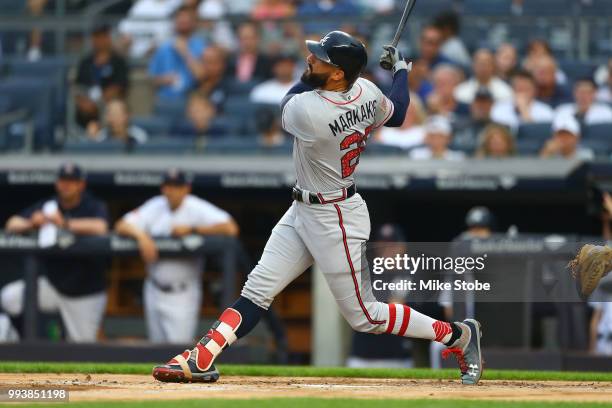 Nick Markakis of the Atlanta Braves in action against the New York Yankees at Yankee Stadium on July 3, 2018 in the Bronx borough of New York City....