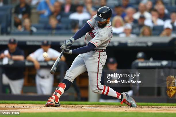 Nick Markakis of the Atlanta Braves in action against the New York Yankees at Yankee Stadium on July 3, 2018 in the Bronx borough of New York City....