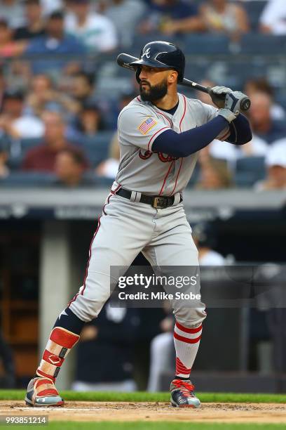 Nick Markakis of the Atlanta Braves in action against the New York Yankees at Yankee Stadium on July 3, 2018 in the Bronx borough of New York City....