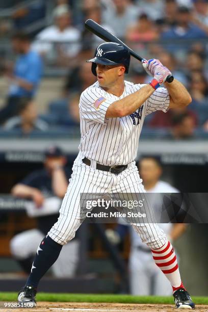 Brett Gardner of the New York Yankees in action against the Atlanta Braves at Yankee Stadium on July 3, 2018 in the Bronx borough of New York City....