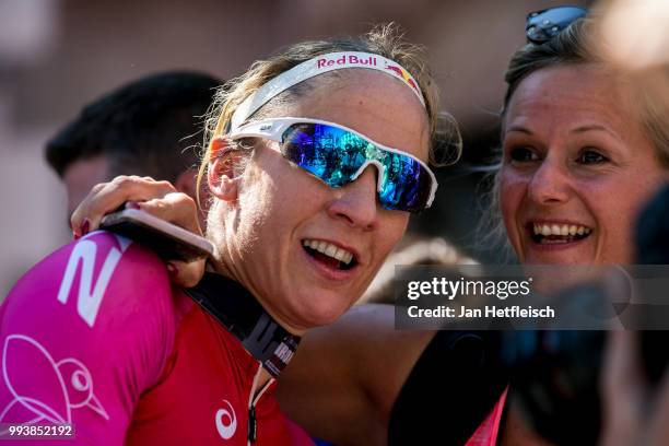 Daniela Ryf of Switzerland reacts after winning the Mainova IRONMAN European Championship on July 8, 2018 in Frankfurt am Main, Germany.