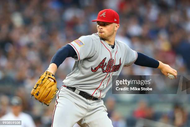 Sean Newcomb of the Atlanta Braves pitches in the first inning against the New York Yankees at Yankee Stadium on July 3, 2018 in the Bronx borough of...