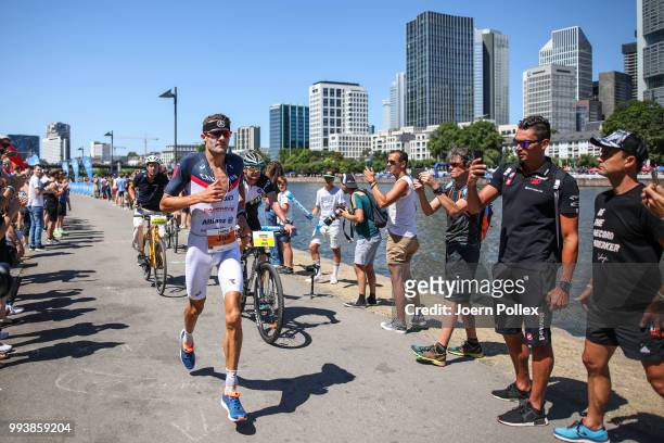 Jan Frodeno of Germany competes in the run leg during the Mainova IRONMAN European Championship on July 8, 2018 in Frankfurt am Main, Germany.