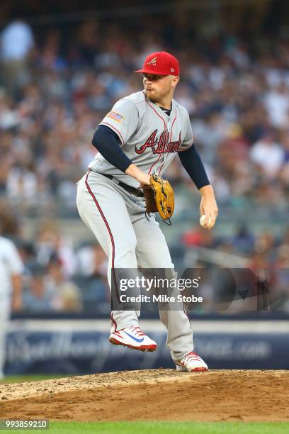 Sean Newcomb of the Atlanta Braves pitches in the first inning against the New York Yankees at Yankee Stadium on July 3, 2018 in the Bronx borough of...