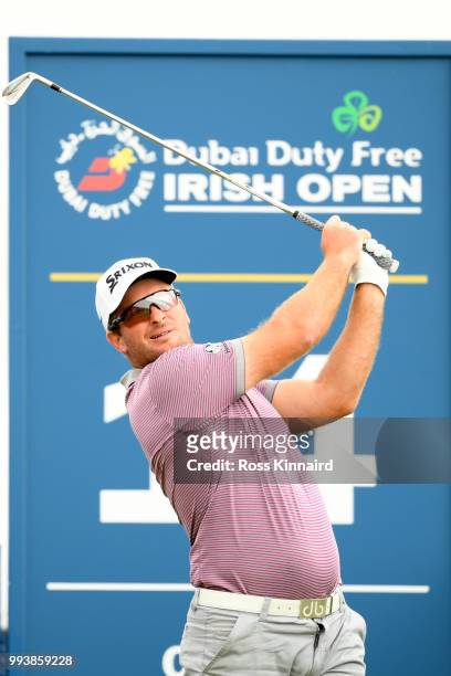 Ryan Fox of New Zealand tees off on the 14th hole during the final round of the Dubai Duty Free Irish Open at Ballyliffin Golf Club on July 8, 2018...