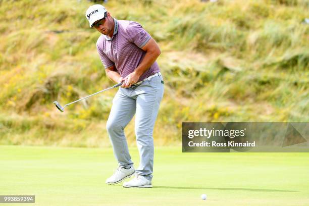 Ryan Fox of New Zealand reacts to a putt on the 18th green during the final round of the Dubai Duty Free Irish Open at Ballyliffin Golf Club on July...