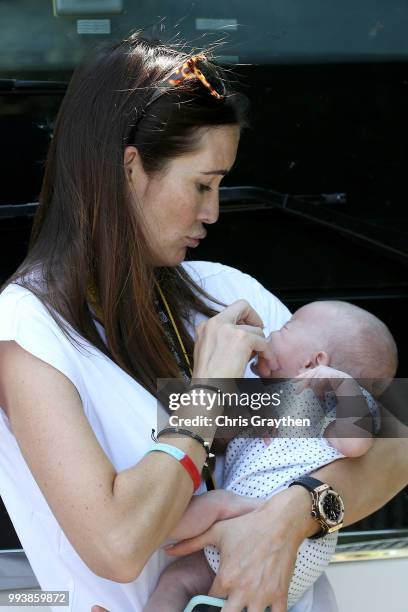 Start / Peta Todd of Great Britain and Casper Cavendish son and wife of Mark Cavendish of Great Britain and Team Dimension Data / during the 105th...