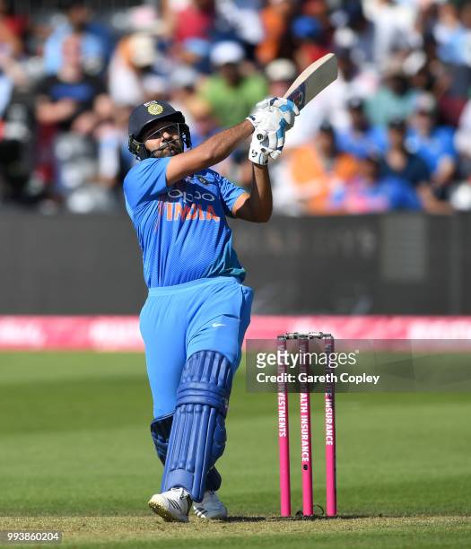 Rohit Sharma of India hits out for six runs during the 3rd Vitality International T20 match between England and India at The Brightside Ground on...