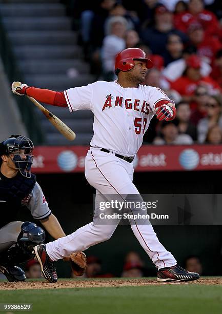 Bobby Abreu of the Los Angeles Angels of Anaheim bats against the Cleveland Indians on April 28, 2010 at Angel Stadium in Anaheim, California. The...