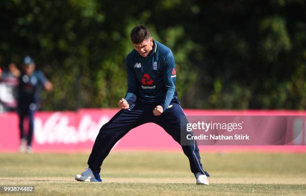 Liam O'Brien of England celebrates getting a wicket during the Vitality IT20 Physical Disability Tri-Series match between England and Bangladesh at...