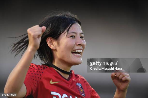 Hikaru Naomoto of Urawa Red Diamonds celebrates the win after the Nadeshiko League Cup Group A match between Urawa Red Diamonds and NTV Beleza at...