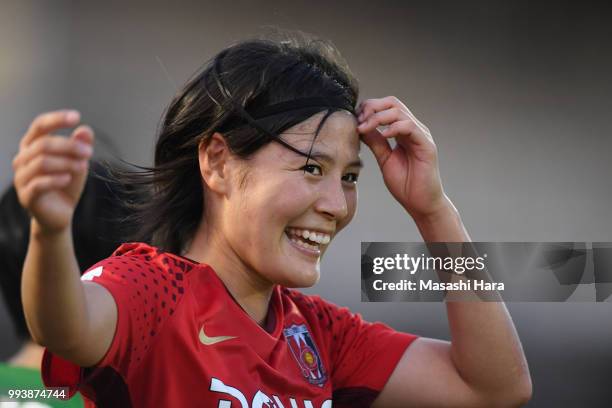 Hikaru Naomoto of Urawa Red Diamonds celebrates the win after the Nadeshiko League Cup Group A match between Urawa Red Diamonds and NTV Beleza at...