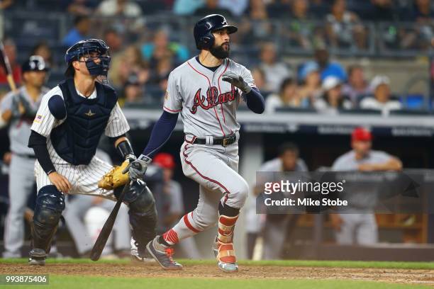 Nick Markakis of the Atlanta Braves in action against the New York Yankees at Yankee Stadium on July 3, 2018 in the Bronx borough of New York City....