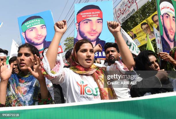 Pakistani women protest in Lahore on July 8 on the second death anniversary of popular Kashmiri Hizbul Mujahideen commander Burhan Wani. - Indian...