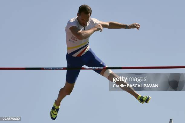 France's Renaud Lavillenie competes in the men's pole vault final during the French Elite Athletics Championships in Albi, south-western France on...