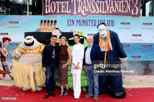 Rick Kavanian, Anke Engelke, Janina Uhse and Dieter Hallervorden attend the 'Hotel Transsilvanien 3' premiere at CineStar on July 8, 2018 in Berlin,...