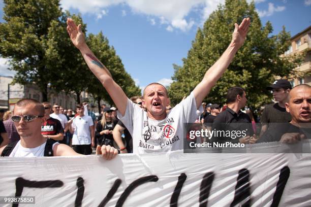 Nationalists blockade during First Gay Parade in Czestochowa, Poland on July 8, 2018.