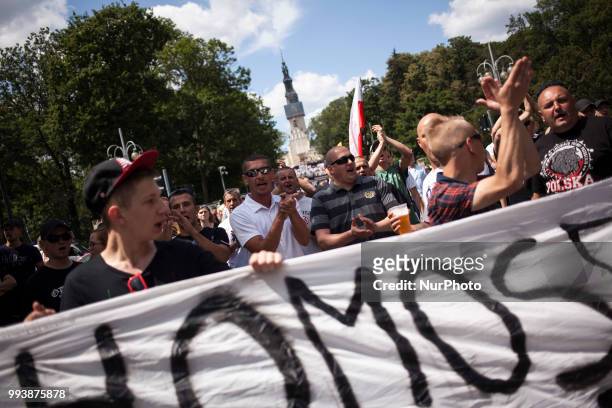 Nationalists blockade during First Gay Parade in Czestochowa, Poland on July 8, 2018.