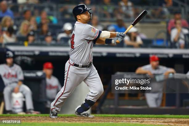 Kurt Suzuki of the Atlanta Braves in action against the New York Yankees at Yankee Stadium on July 3, 2018 in the Bronx borough of New York City. New...