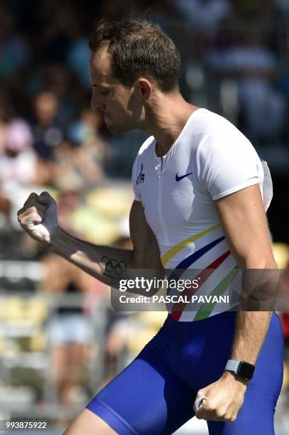 France's Renaud Lavillenie reacts after a vault as he competes in the men's pole vault final during the French Elite Athletics Championships in Albi,...