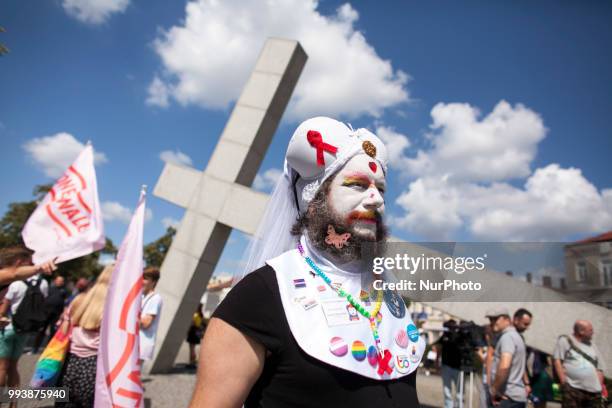 Dressed up man during First Gay Parade in Czestochowa, Poland on July 8, 2018.