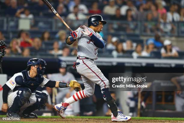 Johan Camargo of the Atlanta Braves in action against the New York Yankees at Yankee Stadium on July 3, 2018 in the Bronx borough of New York City....