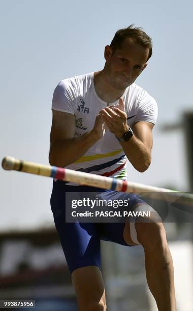 France's Renaud Lavillenie prepares to vault as he competes in the men's pole vault final during the French Elite Athletics Championships in Albi,...
