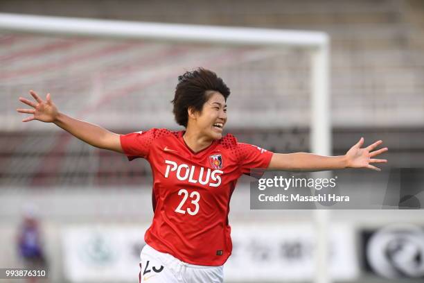 Hana Takahashi of Urawa Red Diamonds celebrates the second goal during the Nadeshiko League Cup Group A match between Urawa Red Diamonds and NTV...