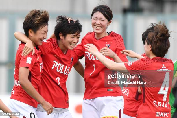 Players of Urawa Red Diamonds celebrate the first goal during the Nadeshiko League Cup Group A match between Urawa Red Diamonds and NTV Beleza at...