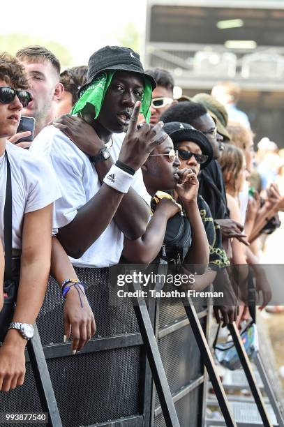 Festival goers enjoy the atmosphere in crowd of the Main Stage during Day 3 of Wireless Festival 2018 at Finsbury Park on July 8, 2018 in London,...