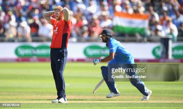England bowler Ben Stokes reacts as India batsman Sharma picks up more runs during the 3rd Vitality International T20 match between England and India...