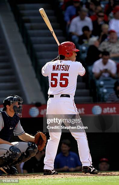 Hideki Matsui of the Los Angeles Angels of Anaheim bats against the Cleveland Indians on April 28, 2010 at Angel Stadium in Anaheim, California. The...