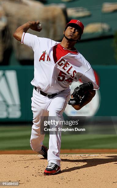 Ervin Santana of the Los Angeles Angels of Anaheim pitches against the Cleveland Indians on April 28, 2010 at Angel Stadium in Anaheim, California....