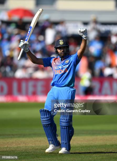 Rohit Sharma of India celebrates reaching his century during the 3rd Vitality International T20 match between England and India at The Brightside...