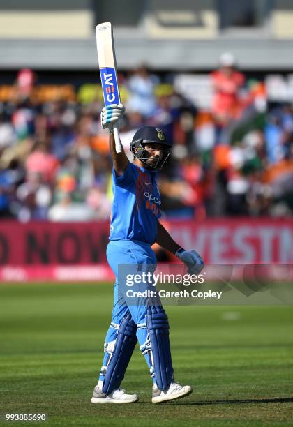 Rohit Sharma of India celebrates reaching his century during the 3rd Vitality International T20 match between England and India at The Brightside...