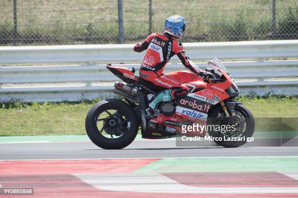 Marco Melandri of Italy and ARUBA.IT RACING-DUCATI celebrates the third place and greets the fans at the end of the Superbike race 2 during the...