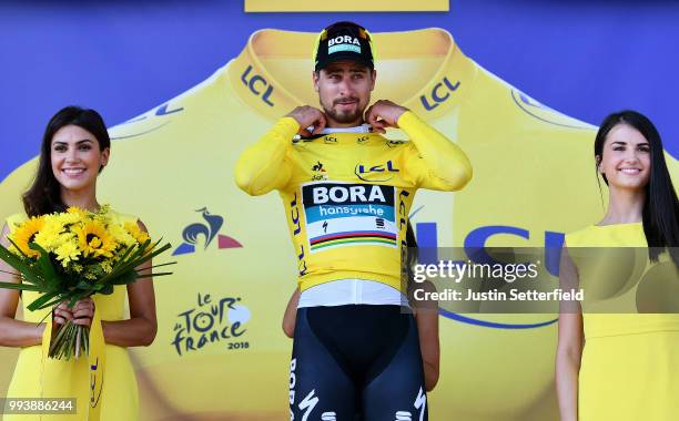 Podium / Peter Sagan of Slovakia and Team Bora Hansgrohe Yellow Leader Jersey / Celebration / during the 105th Tour de France 2018, Stage 2 a 182,5km...