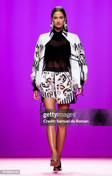 Model walks the runaway at Maria Escote show during the Mercedes-Benz Madrid Fashion Week on July 8, 2018 in Madrid, Spain.