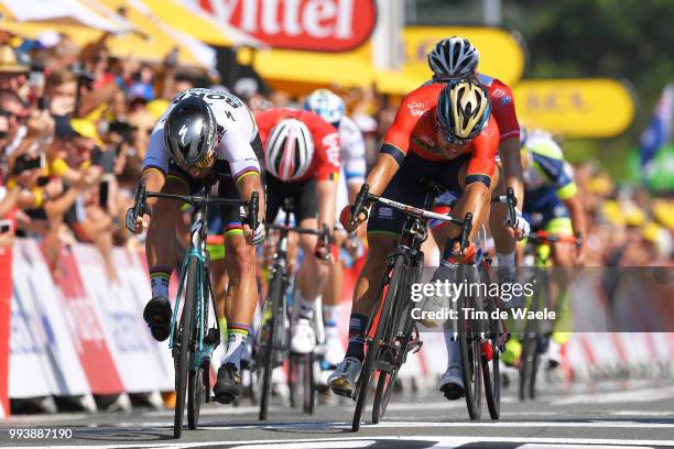 Sprint / Arrival / Peter Sagan of Slovakia and Team Bora Hansgrohe / Sonny Colbrelli of Italy and Bahrain Merida Pro Team / Arnaud Demare of France...