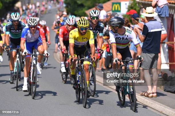 Fernando Gaviria of Colombia and Team Quick-Step Floors Yellow Leader Jersey / Peter Sagan of Slovakia and Team Bora Hansgrohe / Arnaud Demare of...